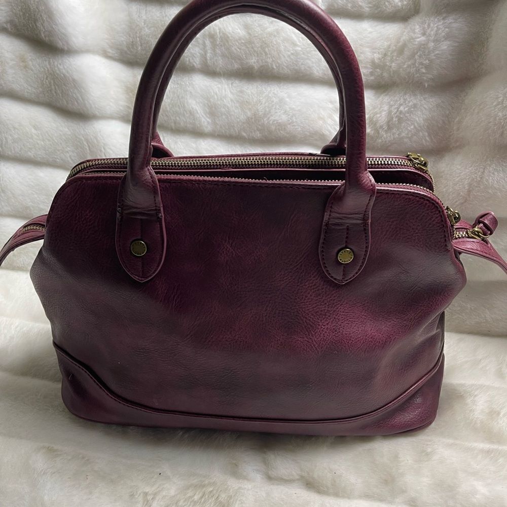 Steve Madden burgundy faux leather satchel with rustic studs accent. - Picture 2 of 16